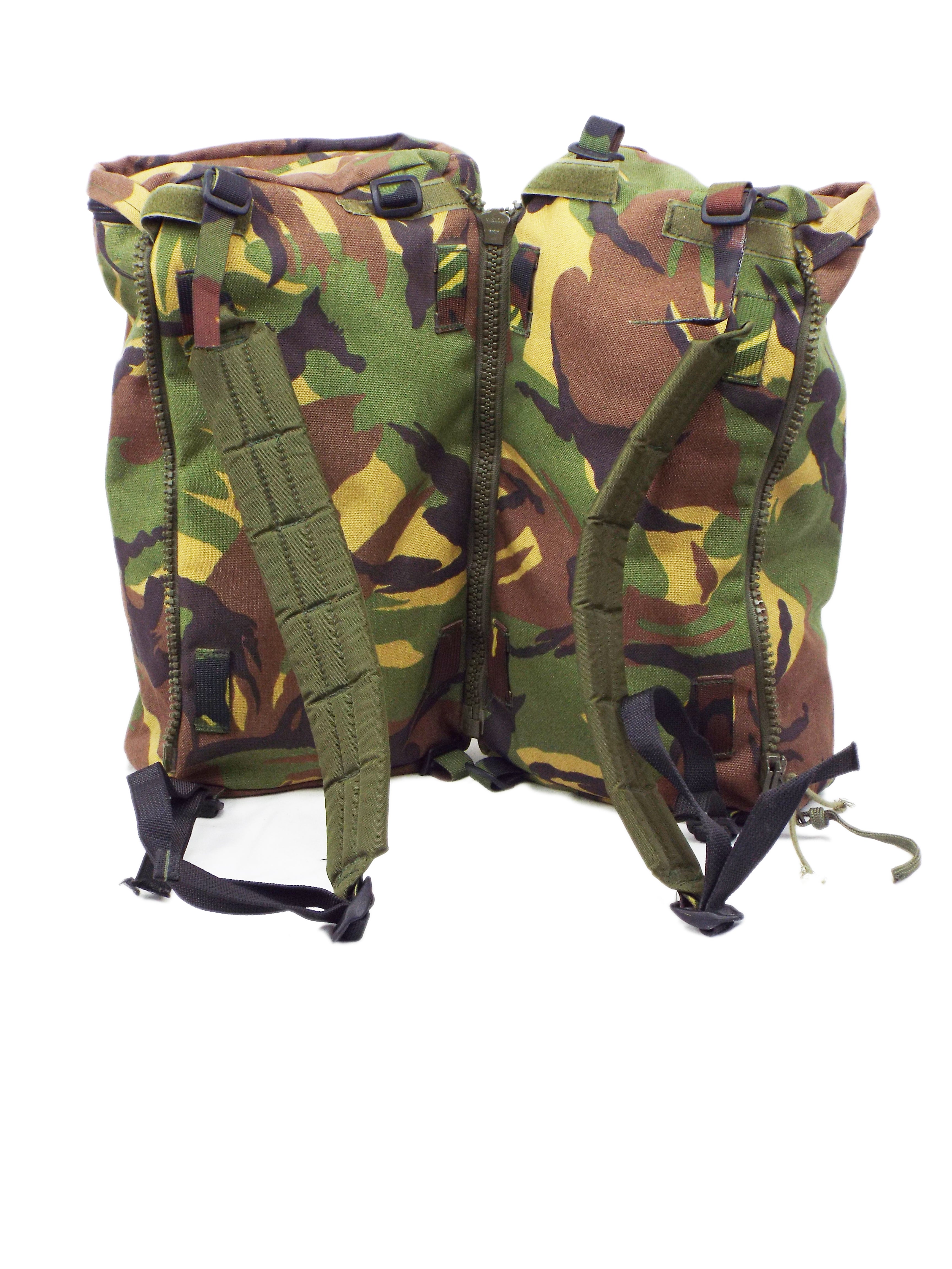 Rear view of the Dutch military camo day pack showing the bespoke shoulder straps attached to two side pockets.