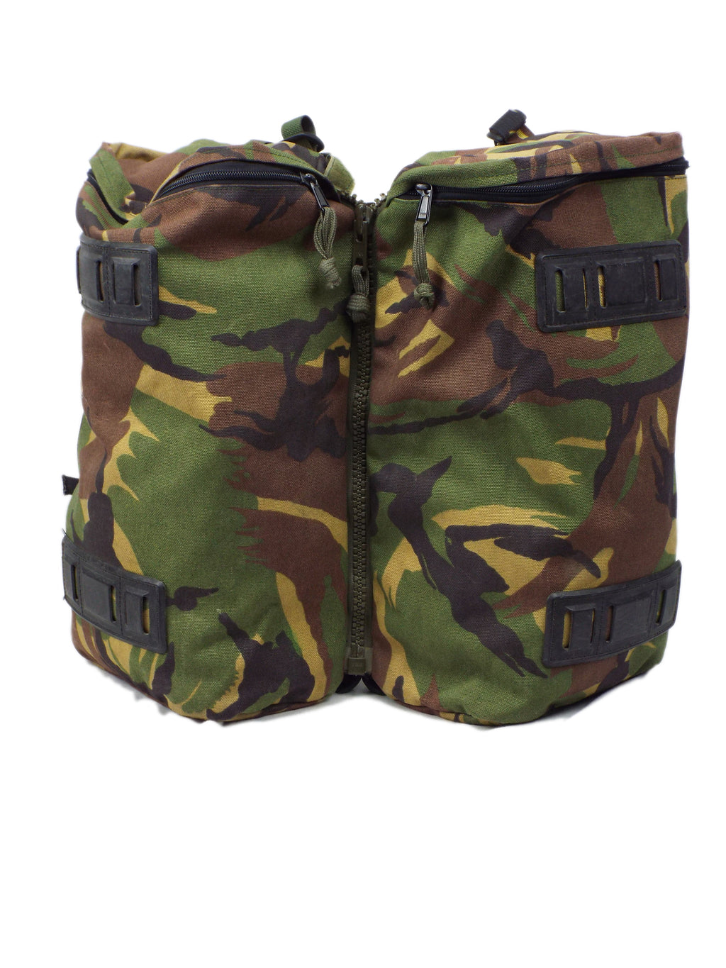 Front view of two Dutch Woodland camo side pockets connected by a central zip, showing rubberized mounting tabs.