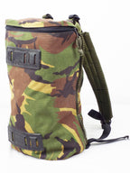 Side angle view of one Dutch military side pocket featuring the woodland camo pattern and padded shoulder strap.