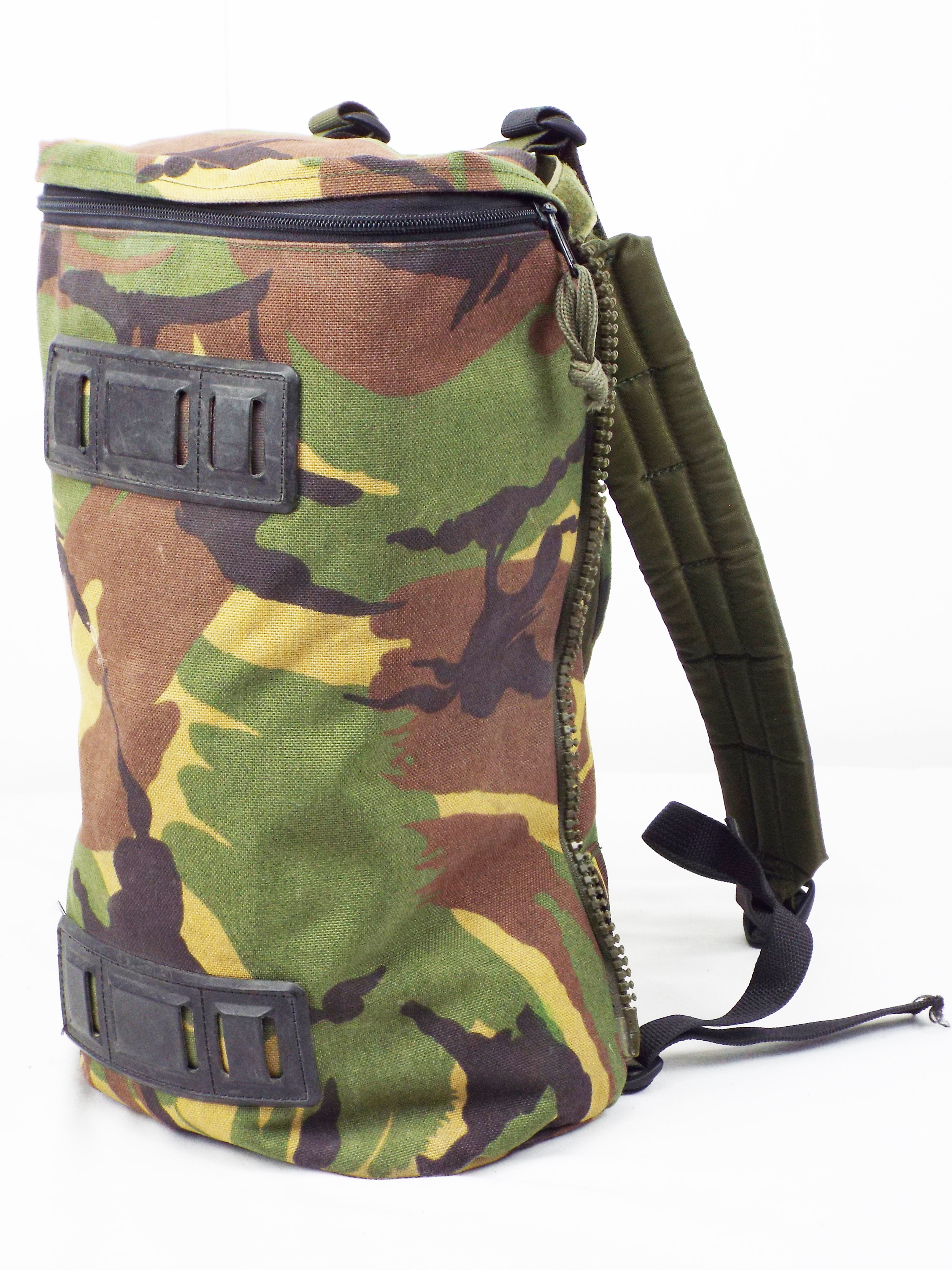 Side angle view of one Dutch military side pocket featuring the woodland camo pattern and padded shoulder strap.