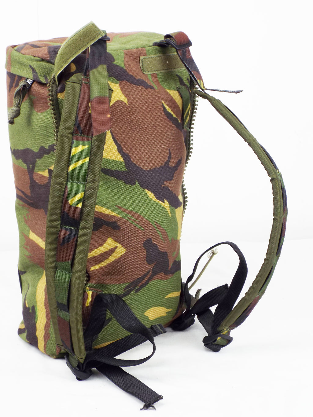 Side view of the Dutch Woodland camo side pocket showing the attachment zip and rugged shoulder strap construction.
