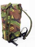 Side view of the Dutch Woodland camo side pocket showing the attachment zip and rugged shoulder strap construction.