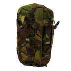 Side view of a Dutch Army NBC stuff bag showing the heavy-duty Cordura fabric, adjustable side release buckles, reinforced carry straps, and woodland camouflage pattern.