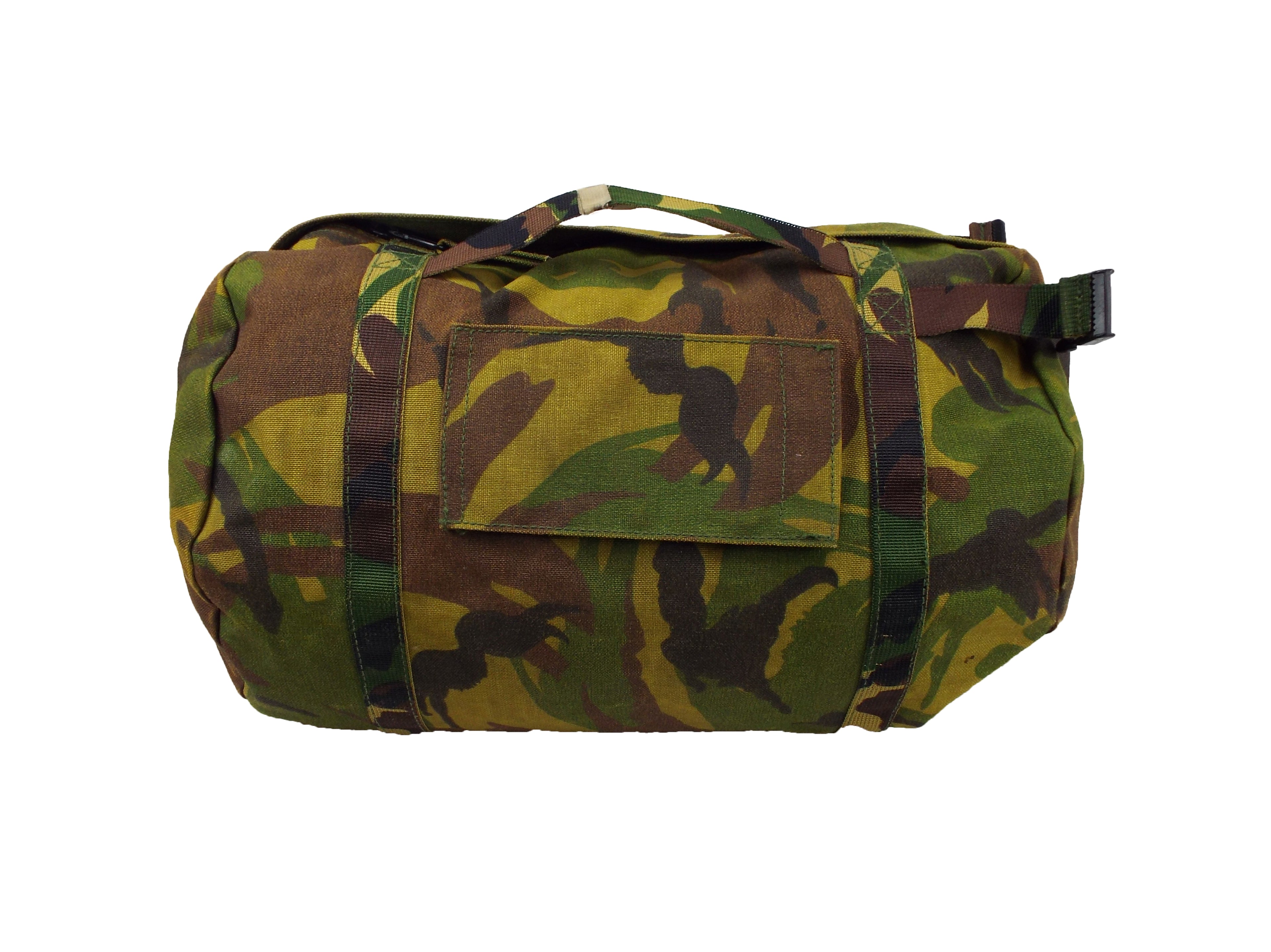 Genuine Dutch Army NBC carry bag in woodland camouflage, featuring durable Cordura style material, top carry handle, and a central identification flap for gear storage.