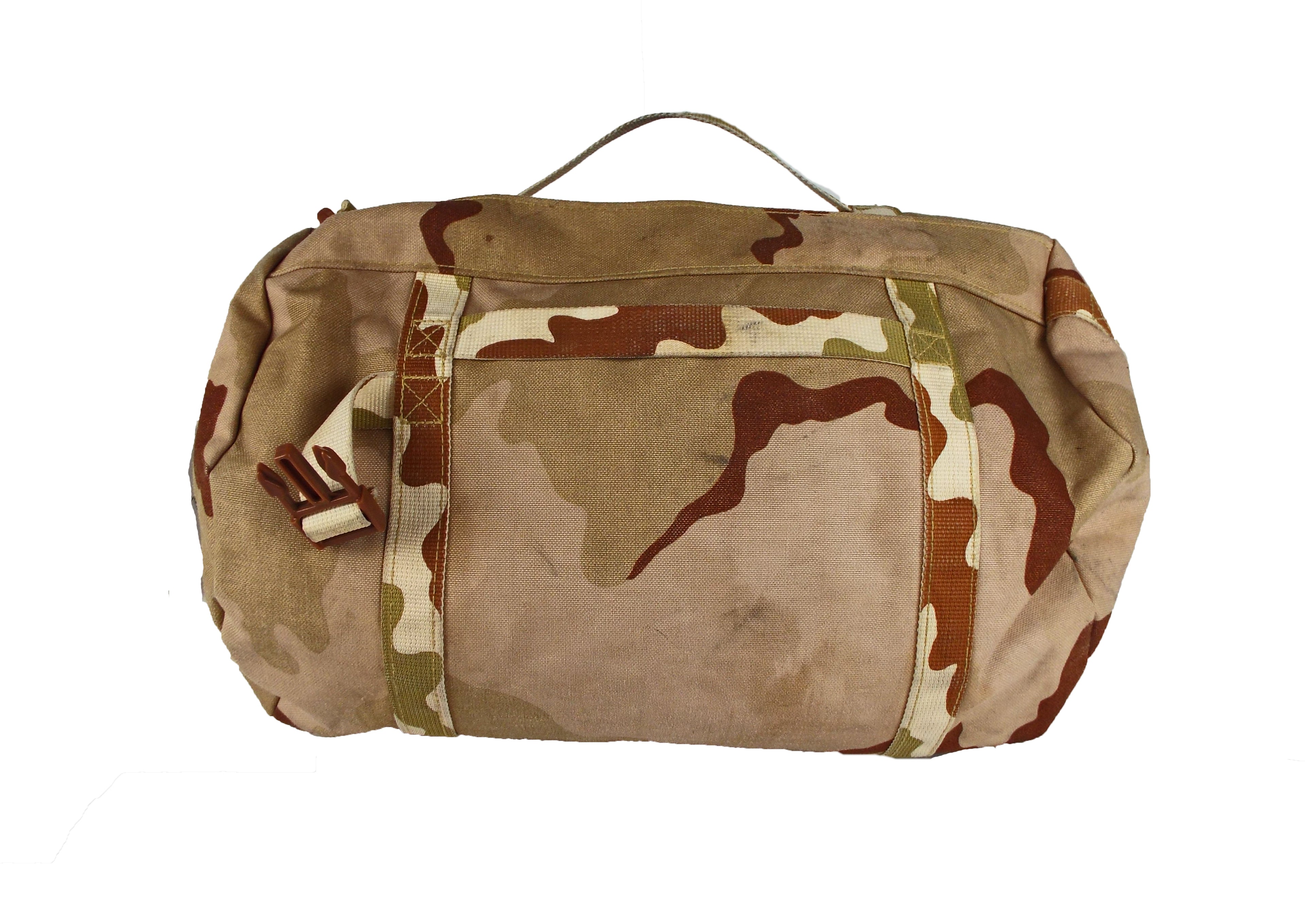 Dutch Army NBC carry bag in desert camouflage pattern, featuring a top handle, identification holder, and sturdy side-release buckle straps for securing field equipment.