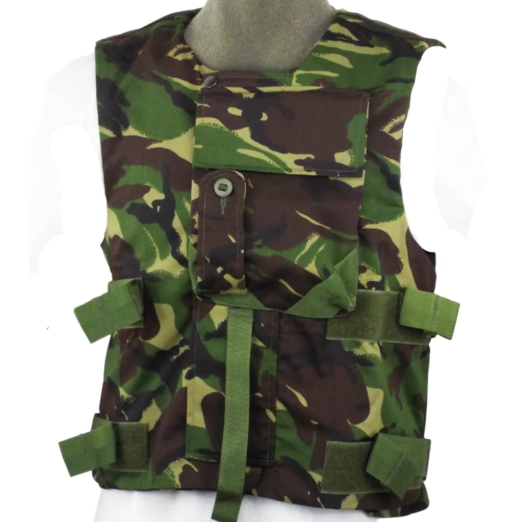 Front view of a genuine British military DPM woodland camo flak vest featuring Velcro secured flaps and adjustable side straps.