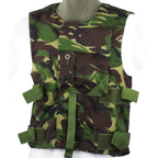 Front view of a genuine British military DPM woodland camo flak vest featuring Velcro secured flaps and adjustable side straps.