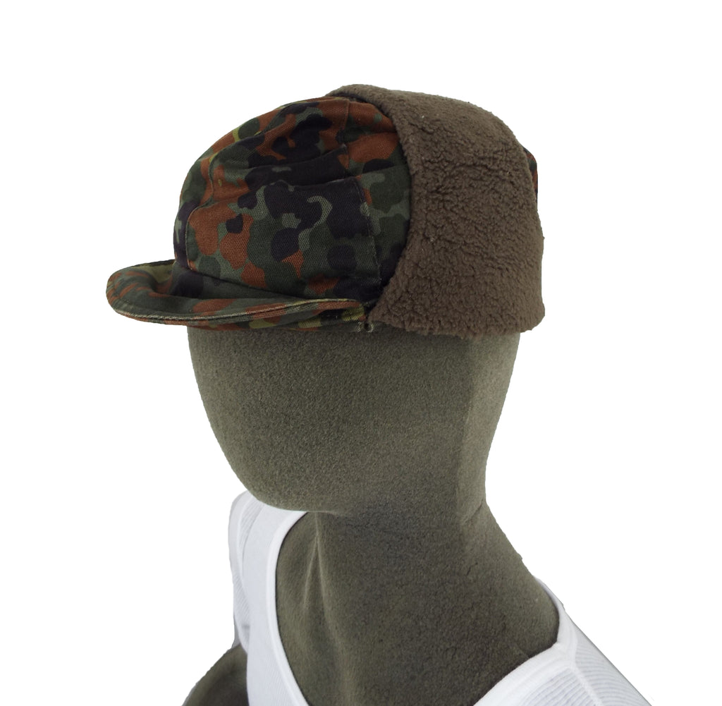 Side profile of a Grade 1 German Army Flecktarn winter hat featuring brown thermal fleece lining.