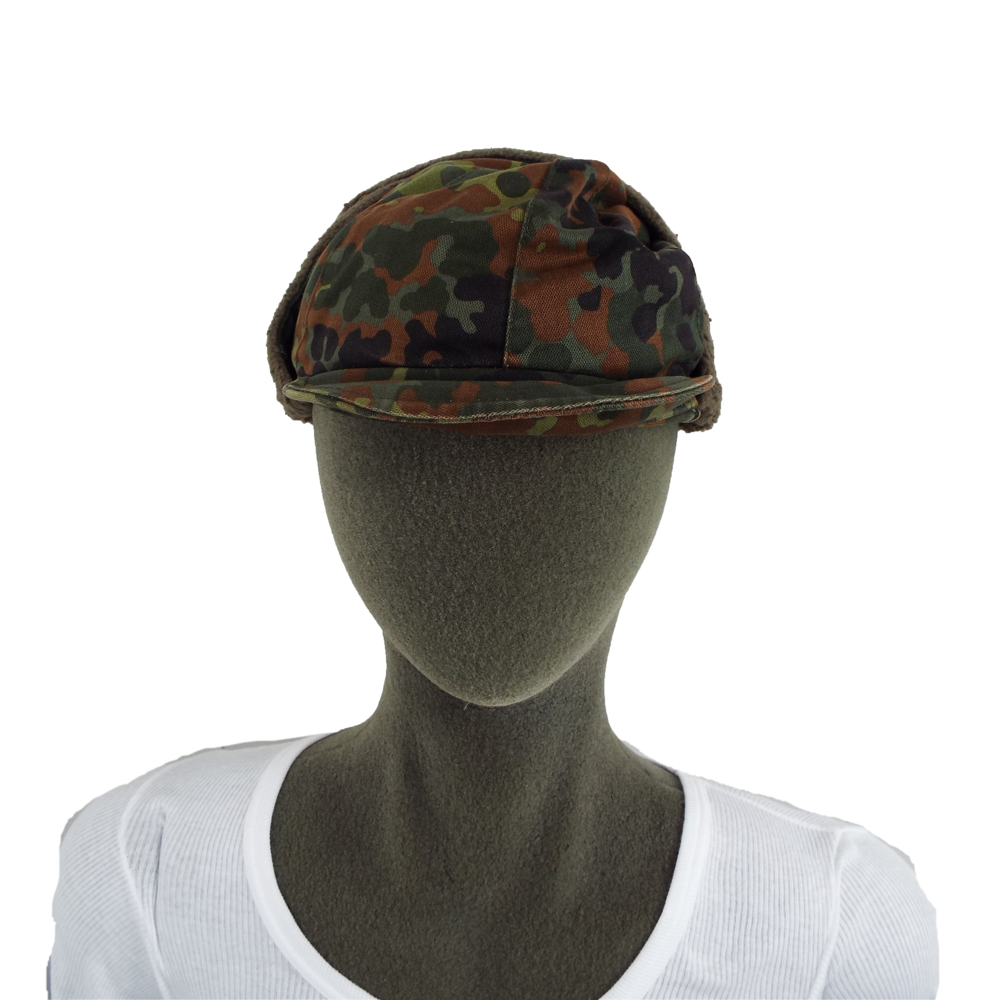 German Army Flecktarn cold weather hat shown with ear flaps tucked up for warmer conditions.