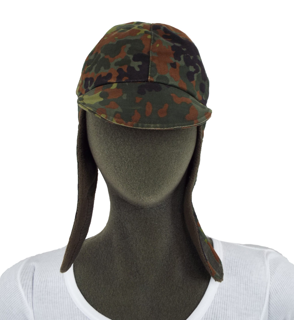 Front view of a genuine German Army Flecktarn camo winter hat with extended side flaps.