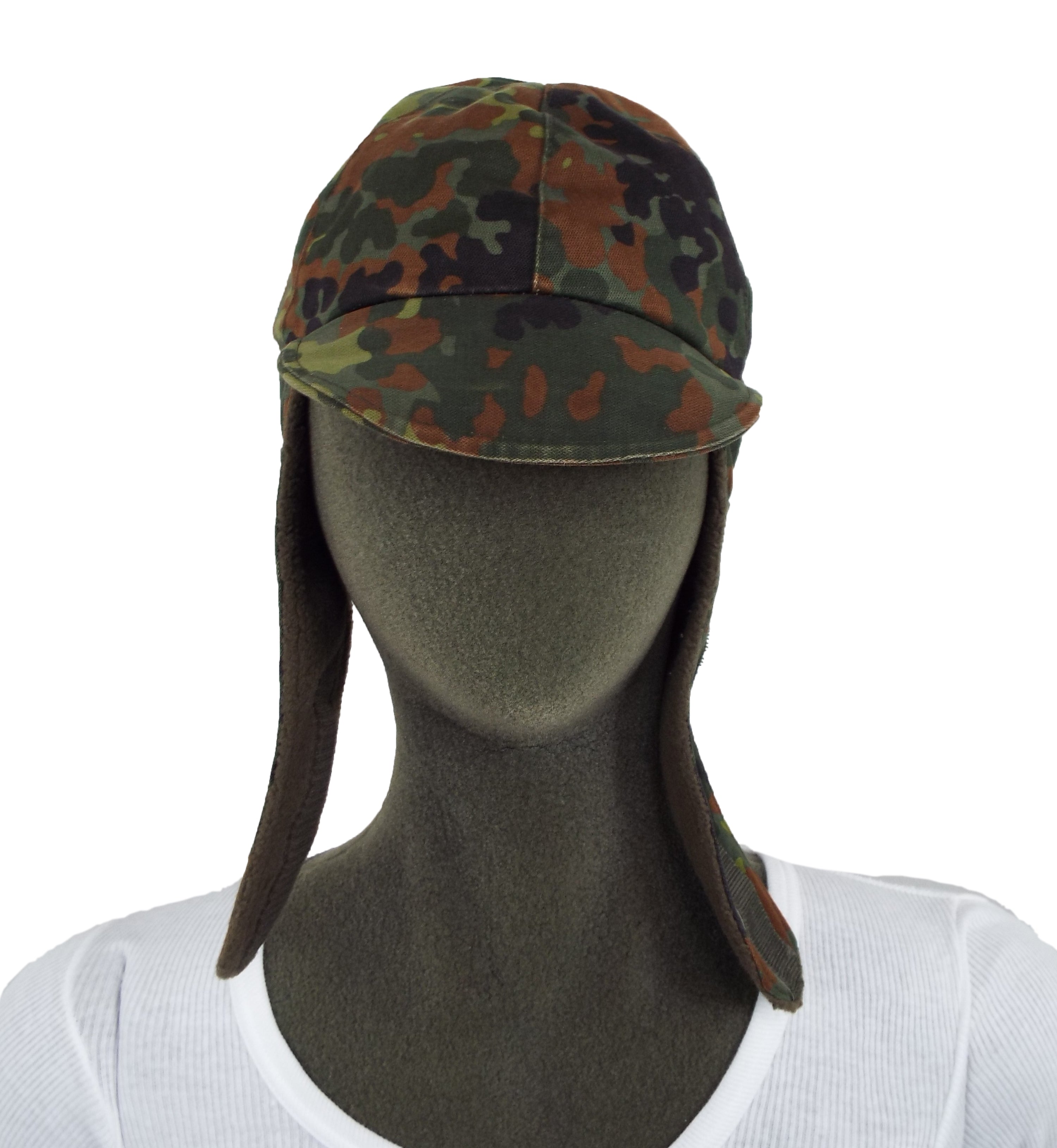 Front view of a genuine German Army Flecktarn camo winter hat with extended side flaps.