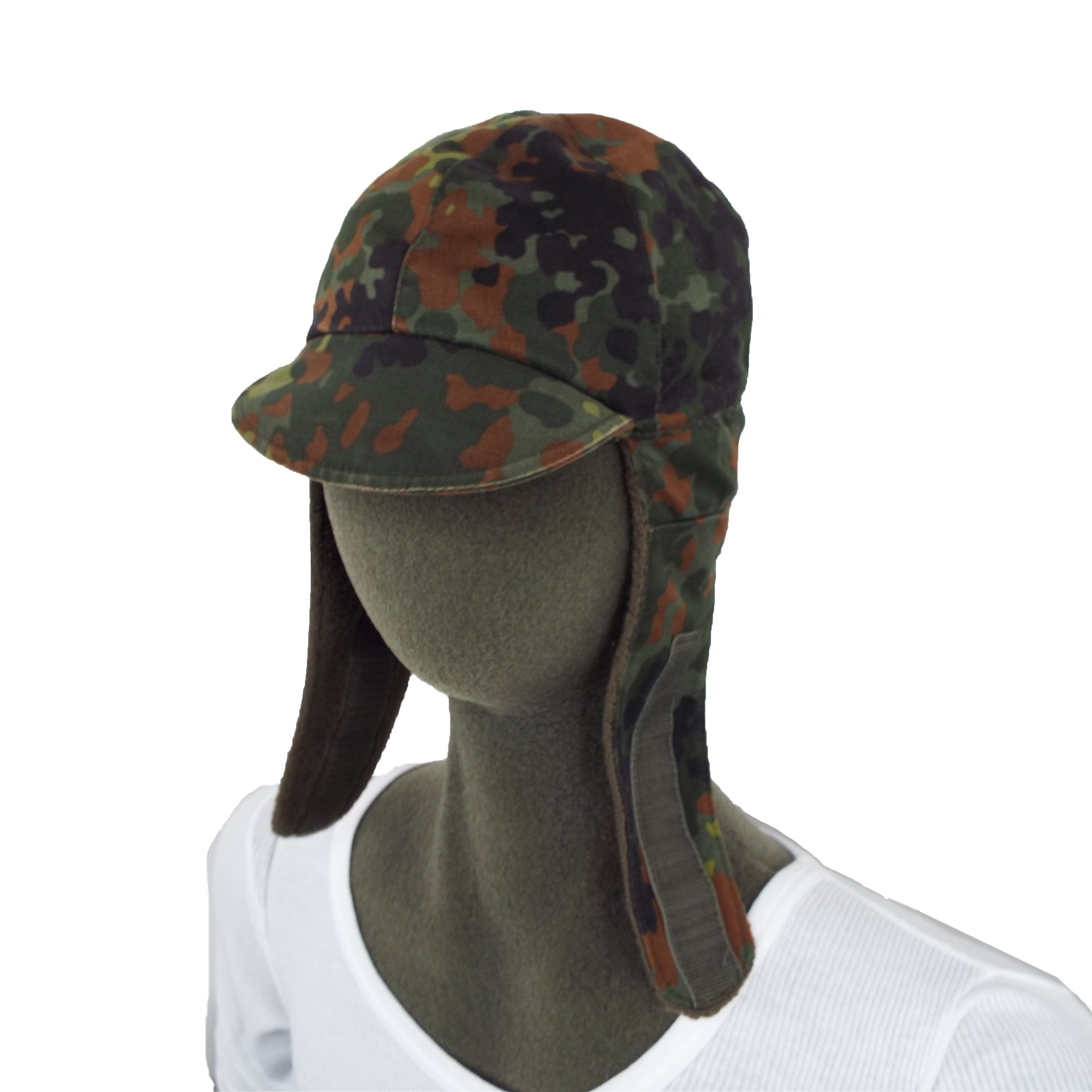 German Army Flecktarn cold weather hat with side ear flaps down, showing Velcro detail on a mannequin.