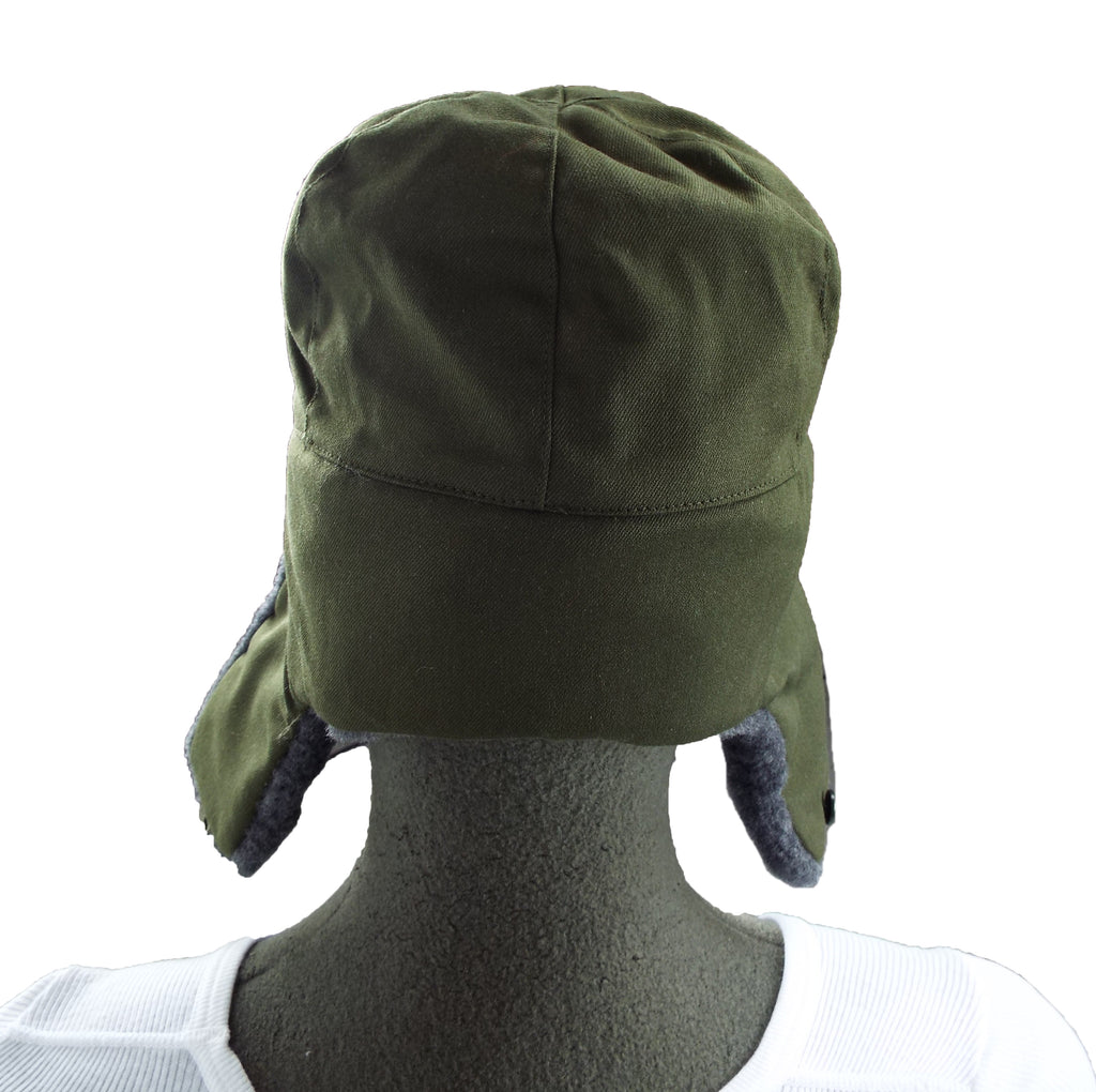 Rear view of the genuine military surplus Czech Ushanka hat showing the quilted lining structure and green cotton shell.