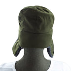 Rear view of the genuine military surplus Czech Ushanka hat showing the quilted lining structure and green cotton shell.