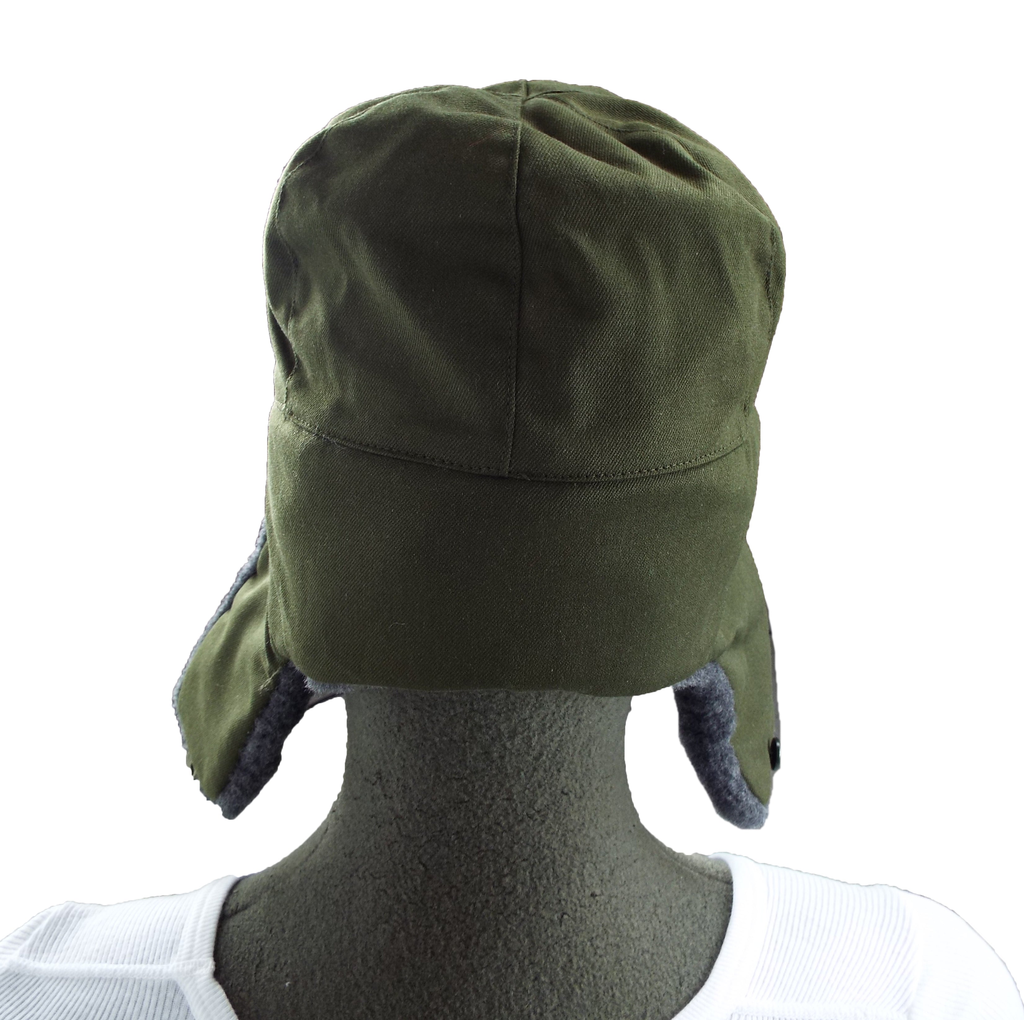 Rear view of the genuine military surplus Czech Ushanka hat showing the quilted lining structure and green cotton shell.