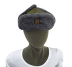 Front view of the Czech Army winter hat with the grey synthetic wool-blend fur flaps folded up and buttoned.