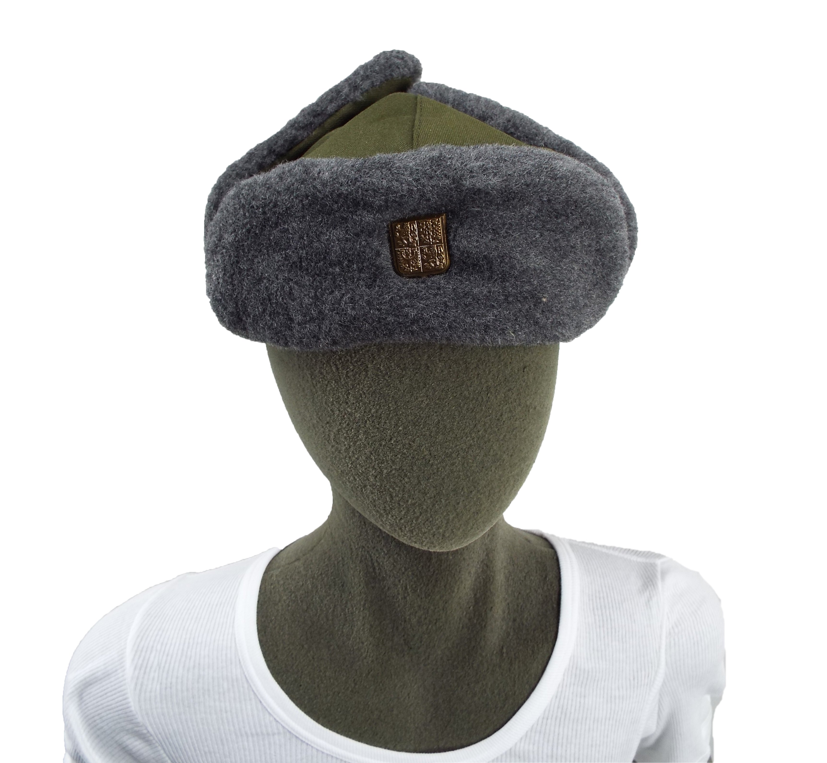 Front view of the Czech Army winter hat with the grey synthetic wool-blend fur flaps folded up and buttoned.