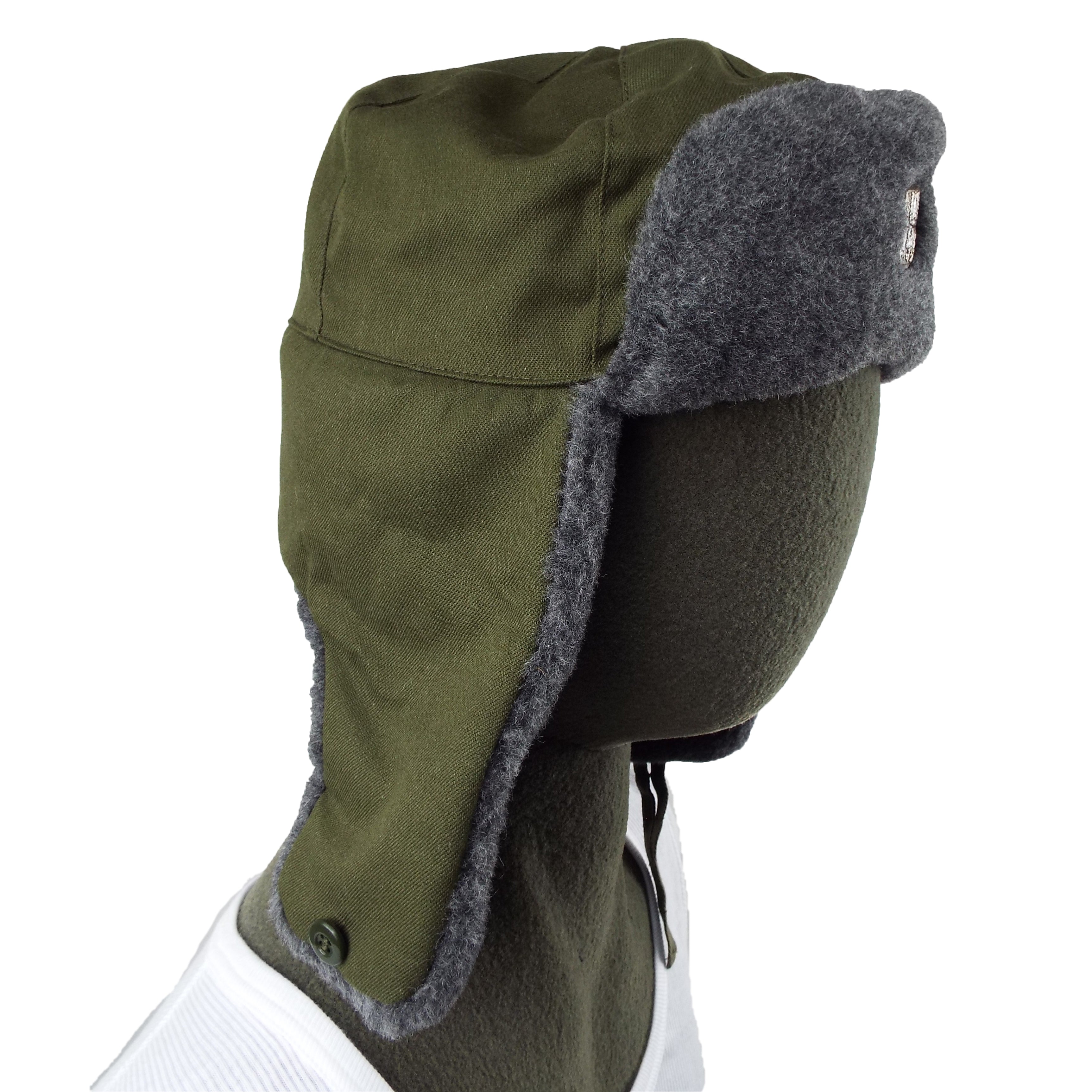 Side profile of a Czech Army Ushanka with green cotton-polyester shell and grey faux fur ear flaps secured down.