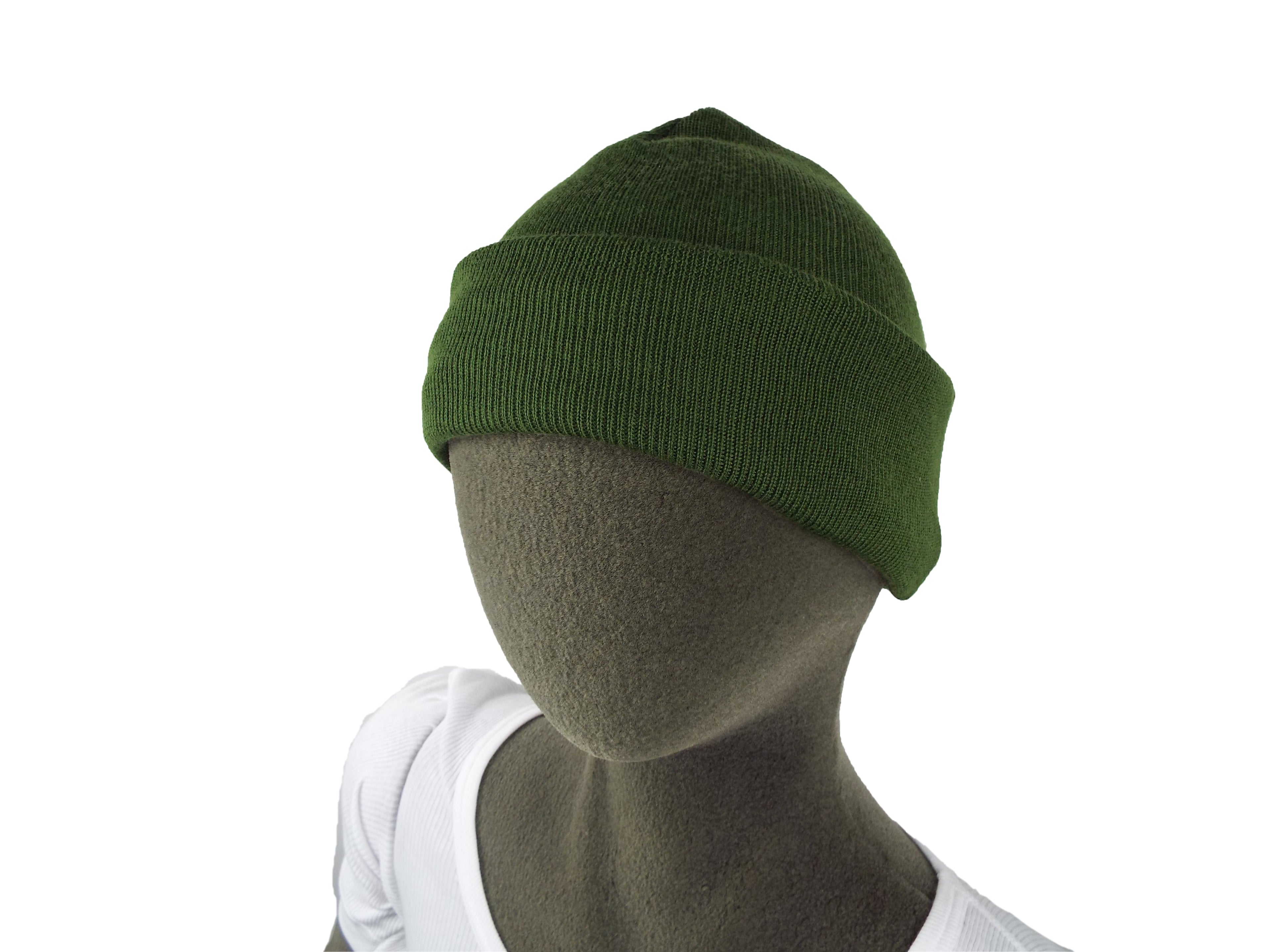 Close-up of a Dutch Army fisherman beanie hat in olive green, shown on a dark mannequin bust to emphasize the ribbed knit texture.