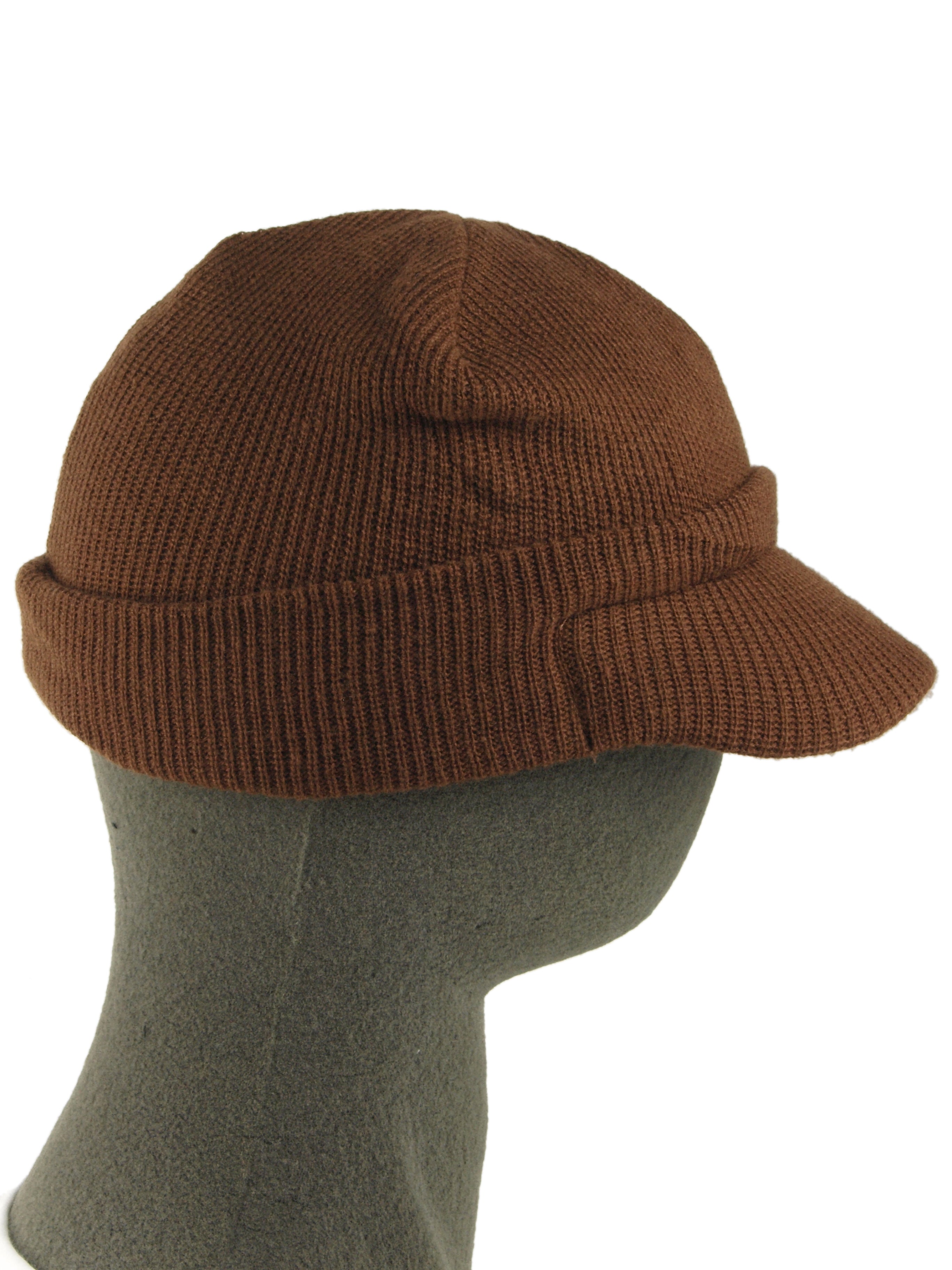 Profile view of a brown acrylic Radar hat displayed on a mannequin head, showcasing the ribbed texture and functional visor.