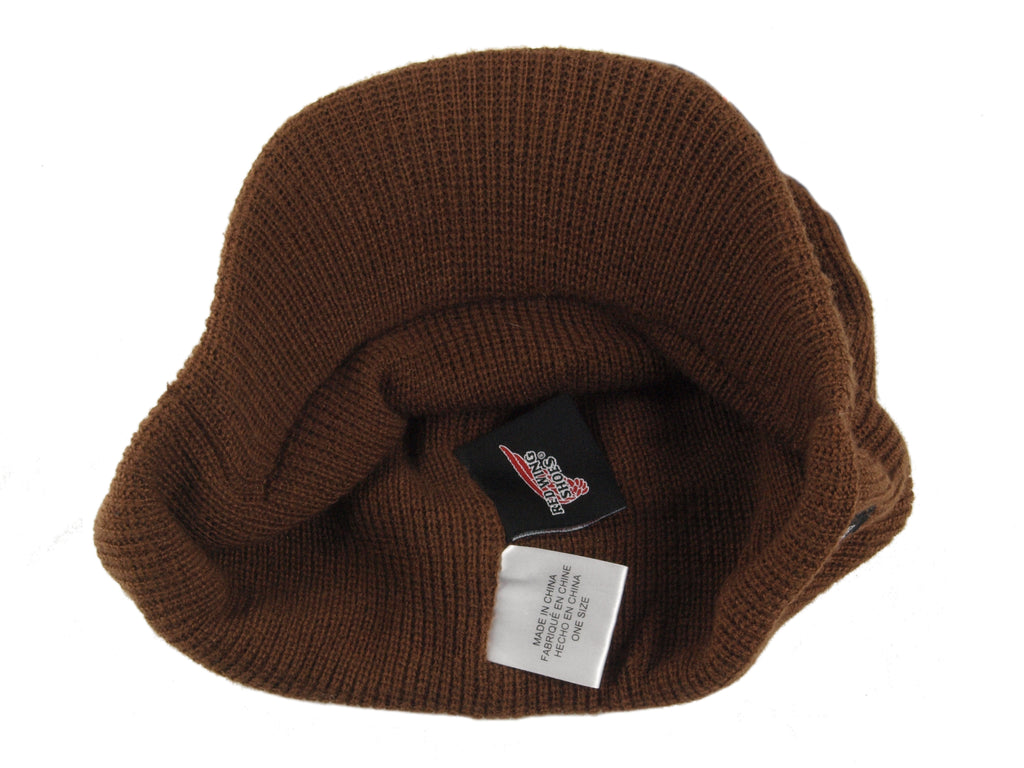 Inside view of a brown ribbed Radar beanie, displaying the Red Wing Shoes brand label and a size information tag.