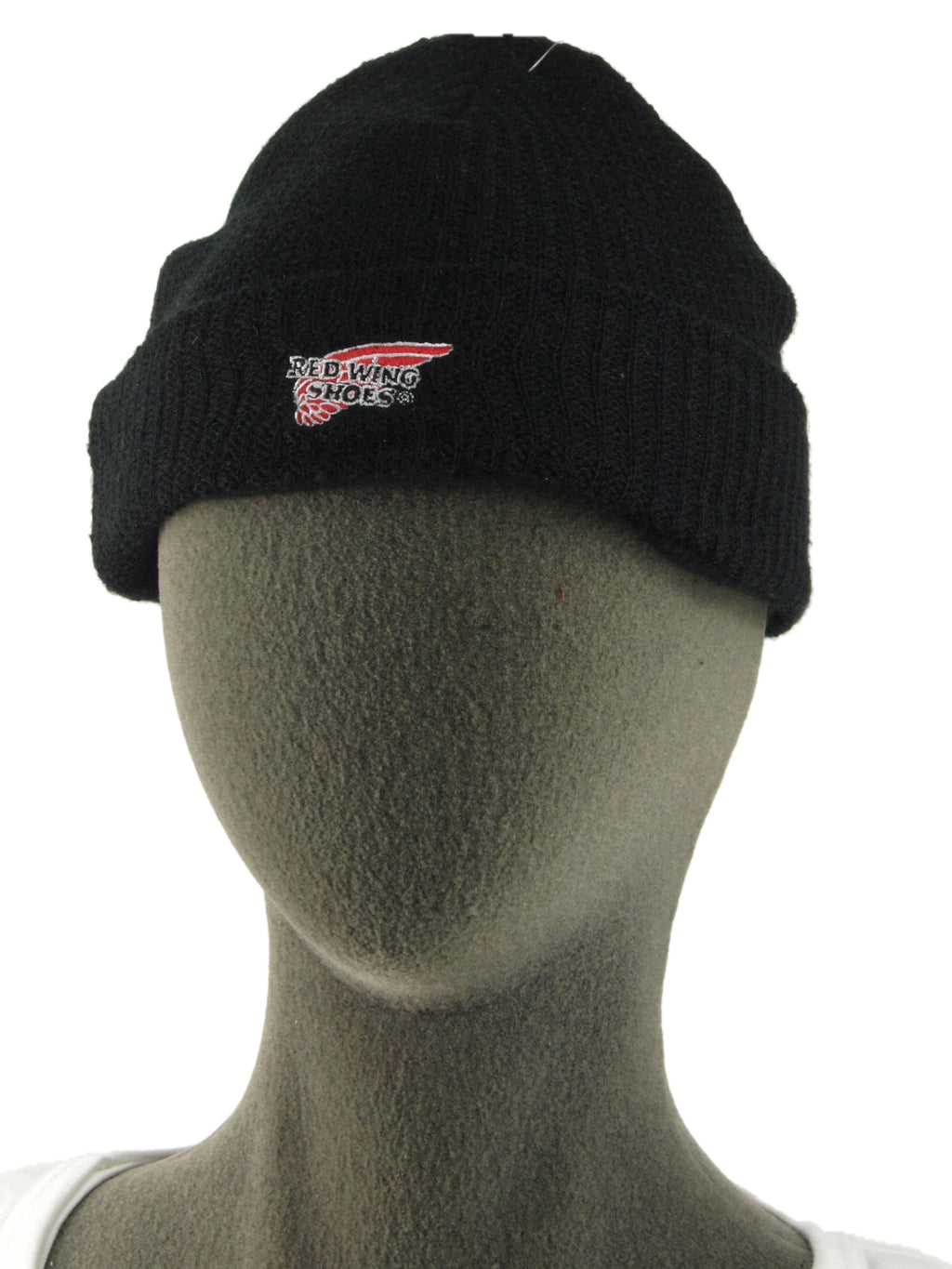 Front view of a black knit skull cap featuring the Red Wing Shoes logo, displayed on a grey mannequin head.