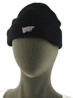 Front view of a black knit skull cap featuring the Red Wing Shoes logo, displayed on a grey mannequin head.