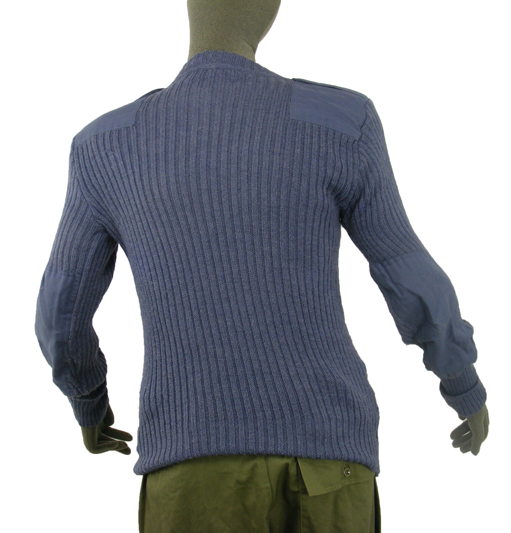 Rear view of the British military surplus crew neck jumper showing the rib-knit construction and reinforced elbow patches for added durability.
