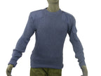 Full front view of a genuine British Royal Air Force blue crew neck jumper featuring poly-cotton shoulder reinforcements and a sleeve utility pocket.