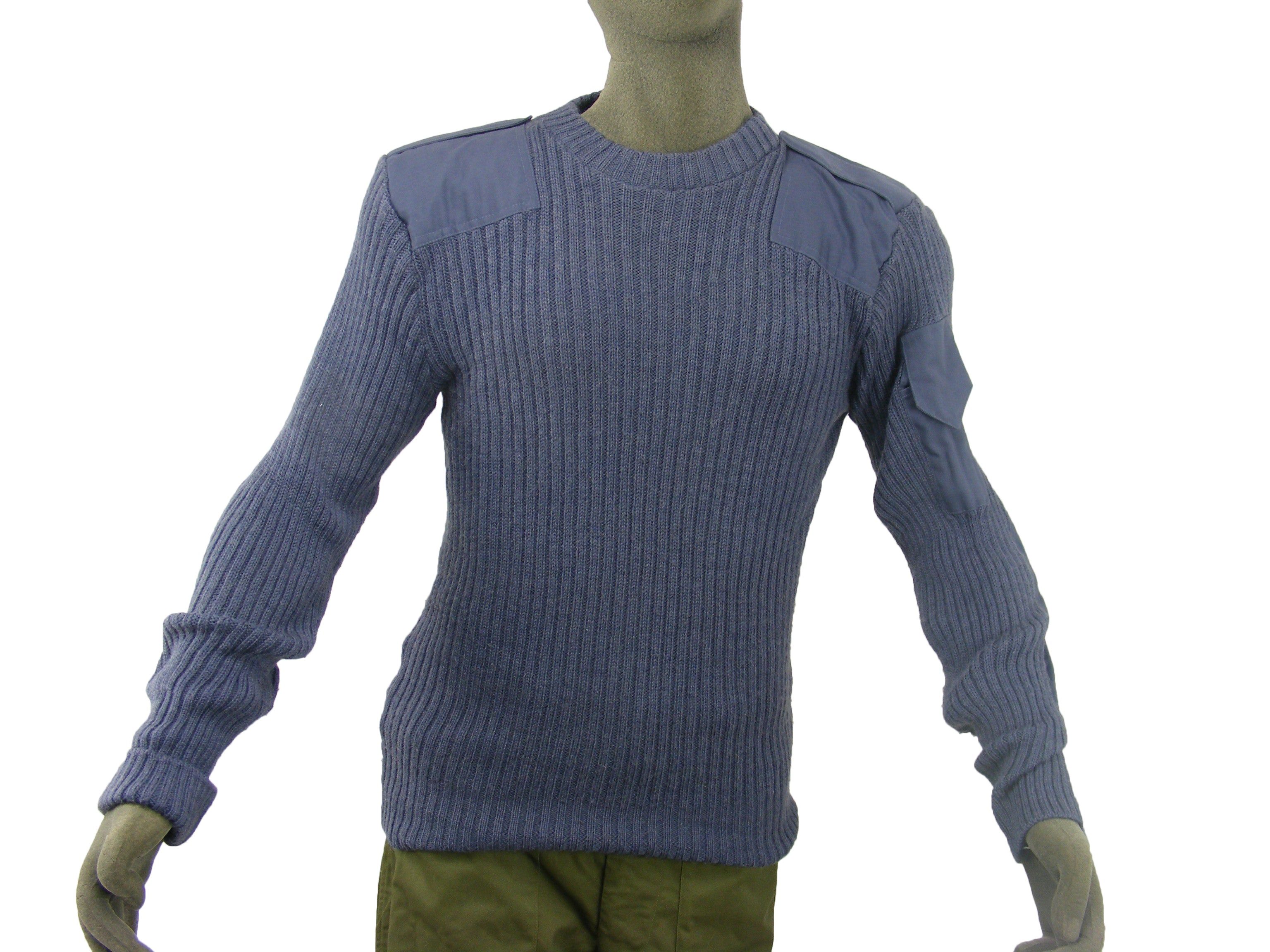 Full front view of a genuine British Royal Air Force blue crew neck jumper featuring poly-cotton shoulder reinforcements and a sleeve utility pocket.
