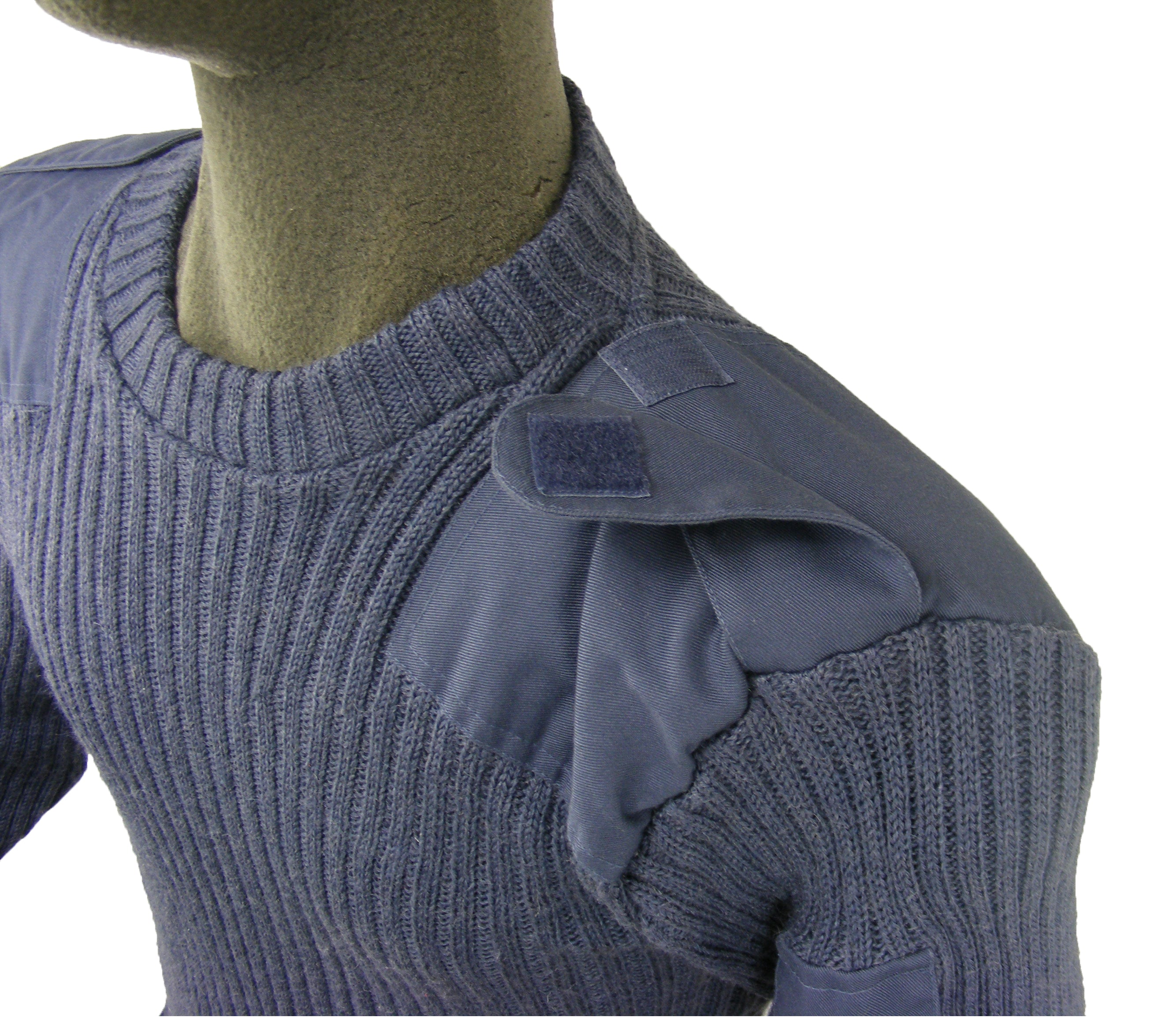 Detail view of the RAF jumper shoulder epaulette with secure Velcro fastening designed for mounting military rank slides.