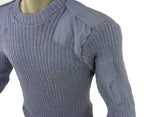 Close-up side view of the RAF crew neck jumper highlighting the rib-knit texture, reinforced shoulder panel, and the low-profile utility pocket on the sleeve.