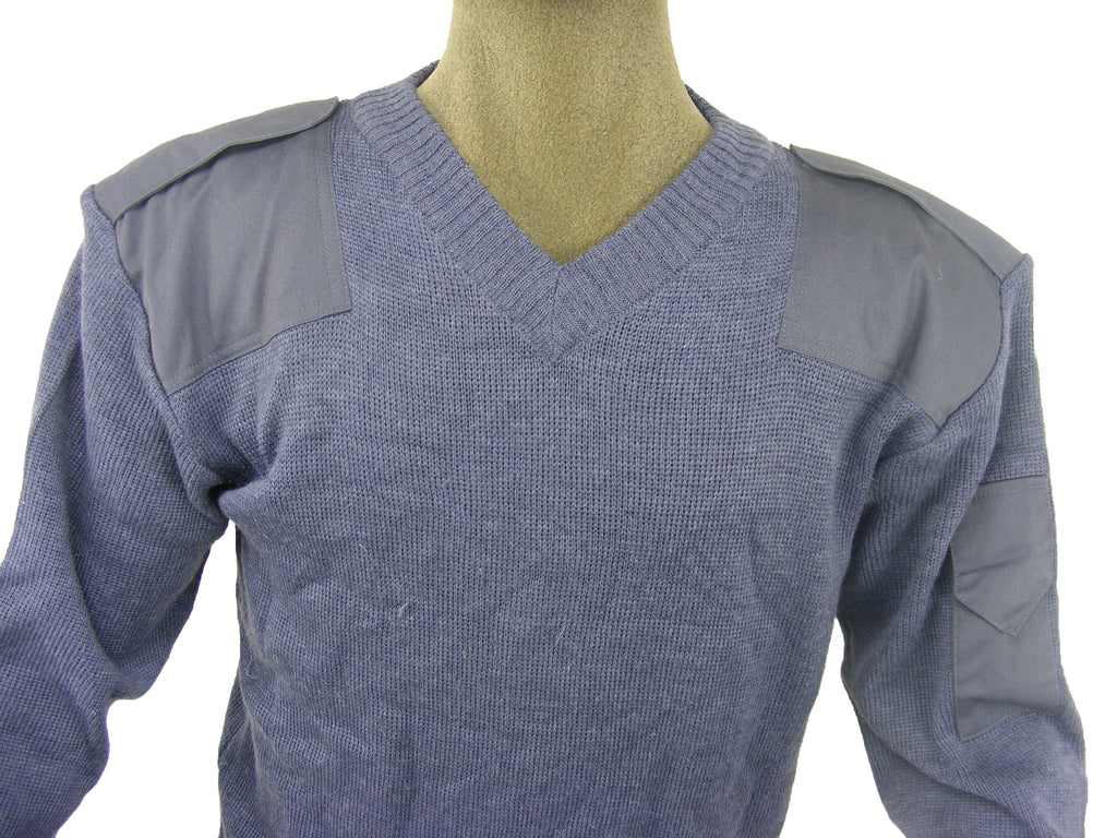 Close-up of the RAF military-issue V-neck jumper showing the high-density wool knit and durable shoulder epaulettes.
