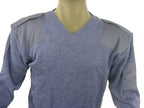 Close-up of the RAF military-issue V-neck jumper showing the high-density wool knit and durable shoulder epaulettes.
