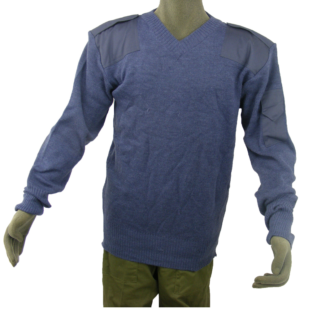 Genuine British Royal Air Force V-neck jumper in blue-grey wool featuring reinforced shoulder patches and a sleeve utility pocket.