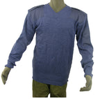 Genuine British Royal Air Force V-neck jumper in blue-grey wool featuring reinforced shoulder patches and a sleeve utility pocket.