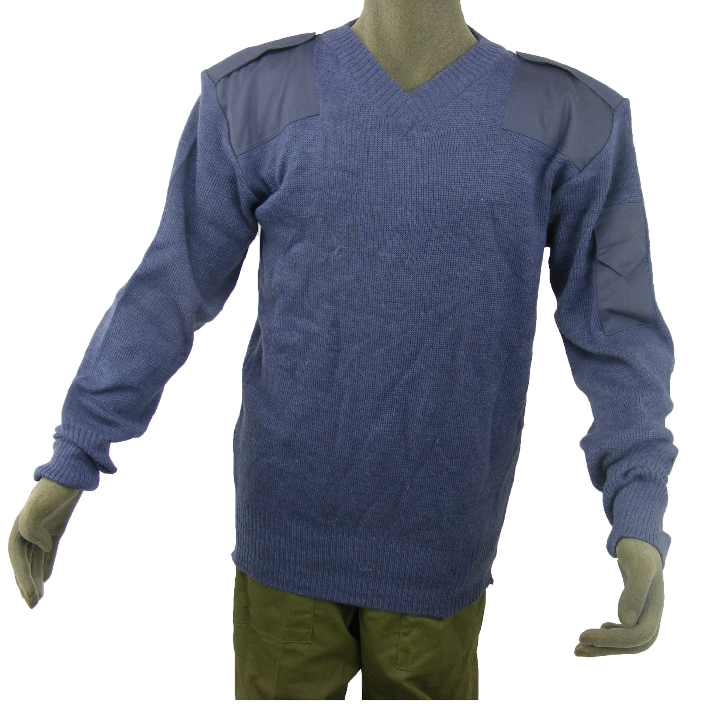 Genuine British Royal Air Force V-neck jumper in blue-grey wool featuring reinforced shoulder patches and a sleeve utility pocket.