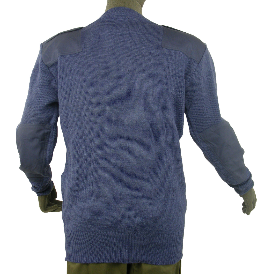 Back view of the British military surplus RAF jumper displaying reinforced elbow patches and a ribbed hem for a secure fit.