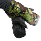 Genuine British Army DPM woodland camo mittens featuring durable leather palms and an extra-long cuff for warmth.