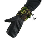British military surplus rip-stop mittens shown from the side, highlighting the adjustable wrist strap and black leather palm.