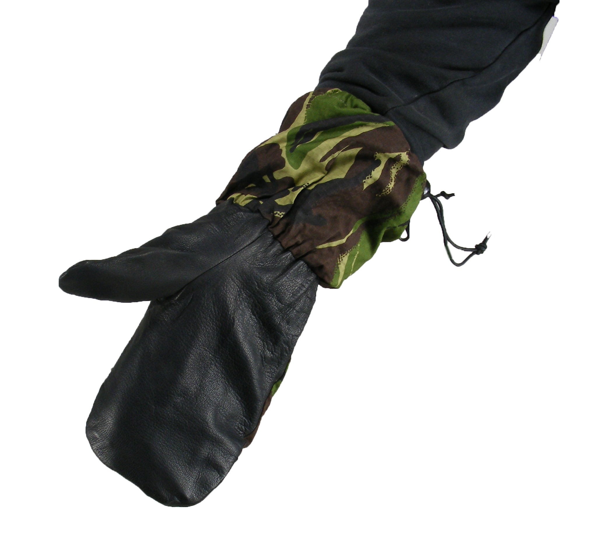 British military surplus rip-stop mittens shown from the side, highlighting the adjustable wrist strap and black leather palm.