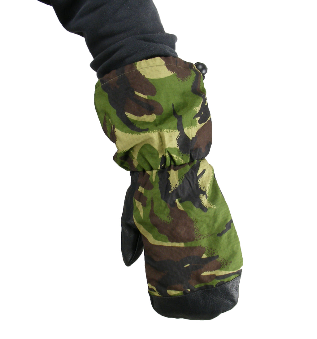 Close-up of the waterproof DPM camouflage pattern on British Army mittens, displaying the extended cuff and protective wrist adjustment.