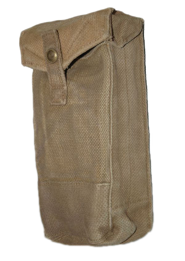 Angled view of an original British Army Mark III ammo pouch made from khaki cotton canvas with a brass press stud.