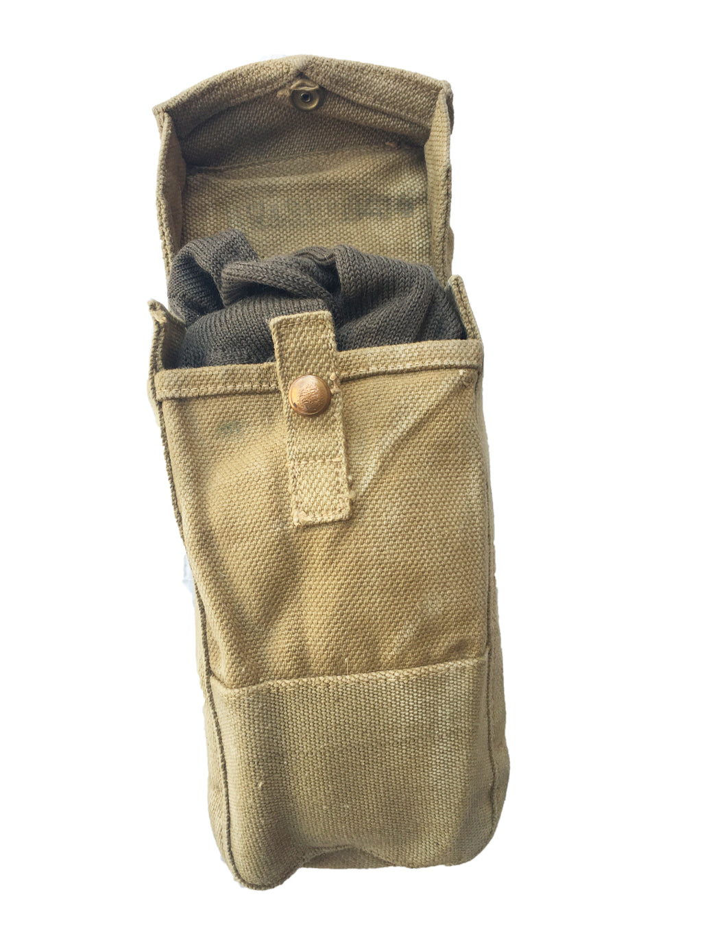 Original British Army Mark III ammo pouch with the top flap open, revealing interior storage and durable cotton canvas construction.