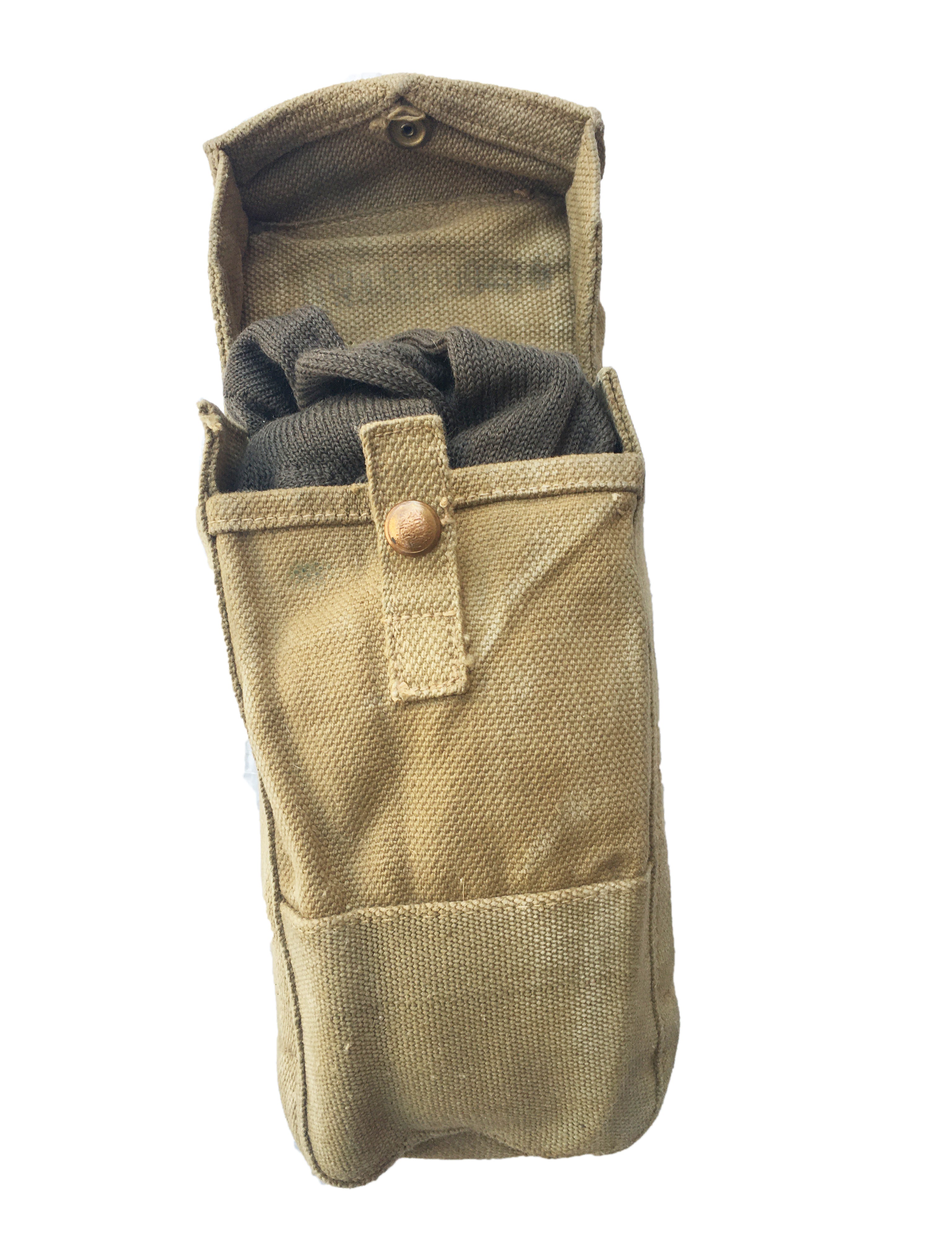 Original British Army Mark III ammo pouch with the top flap open, revealing interior storage and durable cotton canvas construction.