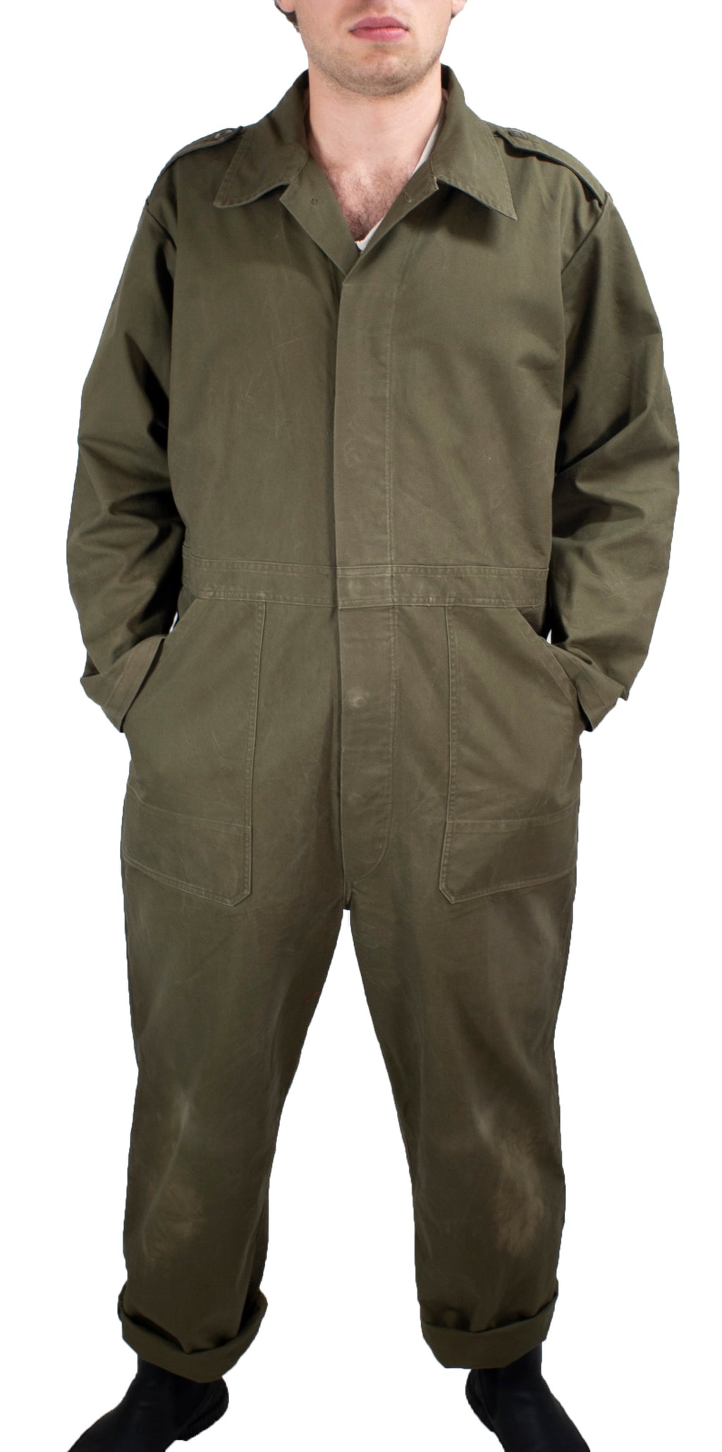 Front view of Dutch Army mechanic overalls in olive drab cotton sateen with hands in pockets.