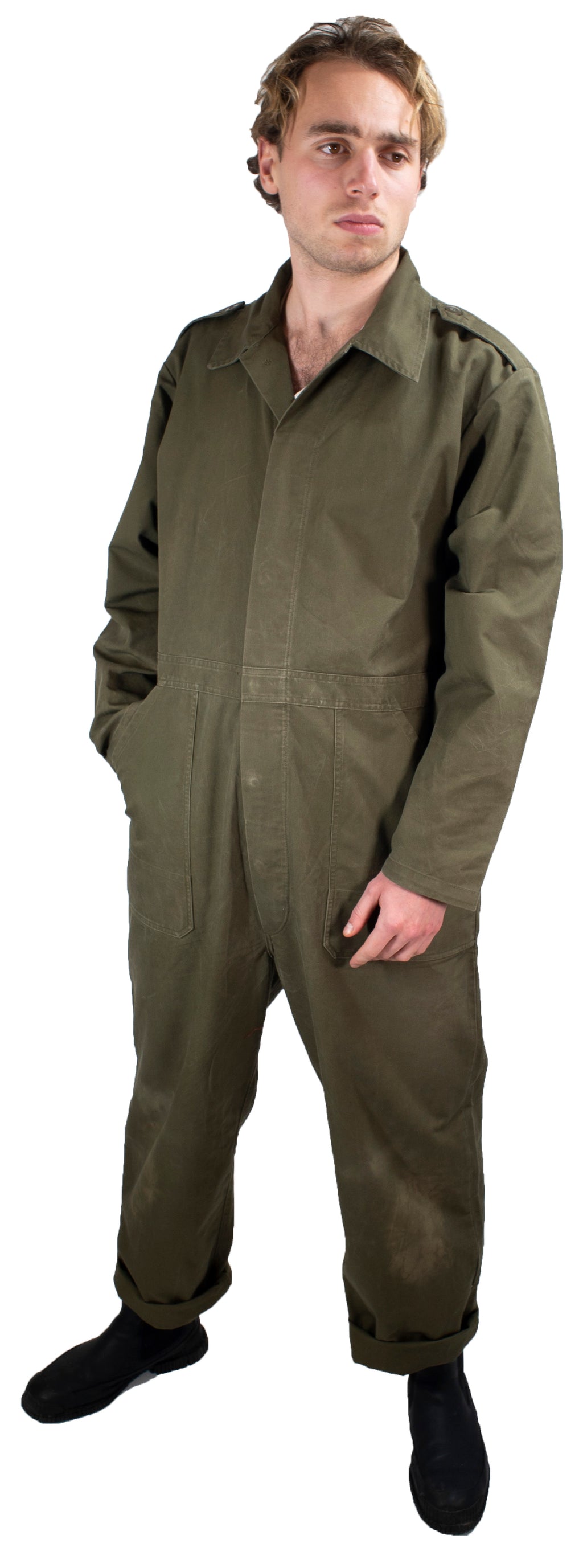 Front view of a person wearing authentic Dutch Army mechanic coveralls featuring a collar and professional fit.