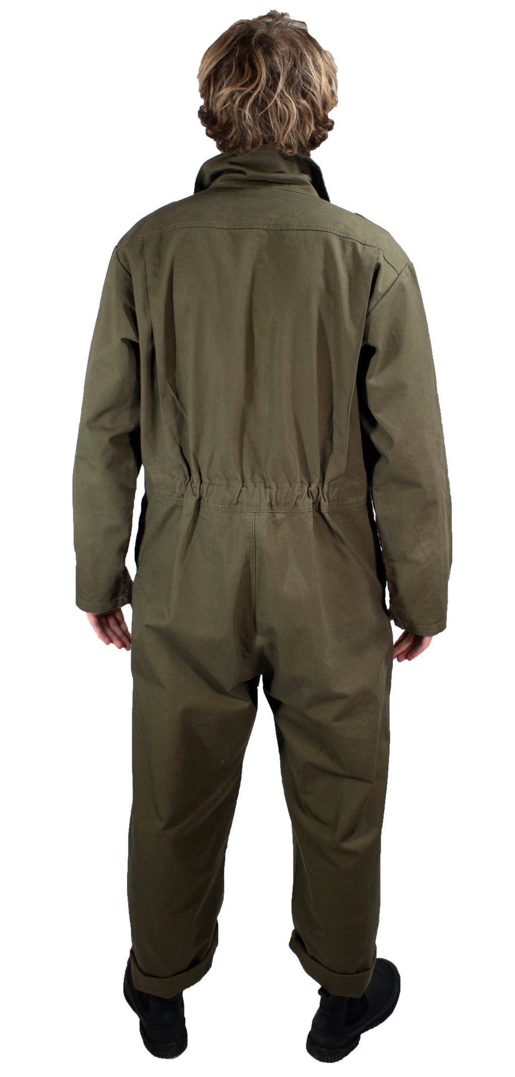 Rear view of Dutch Army mechanic overalls showing the integrated elasticated waistband for flexibility and comfort.
