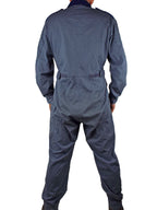 Rear view of the genuine British military RAF overalls showing the durable fabric, shoulder epaulettes, and functional waist adjustment tabs.