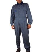 Front view of the RAF technician coveralls with deep cargo pocket, classic navy collar, and standard-issue blue/grey polycotton material.